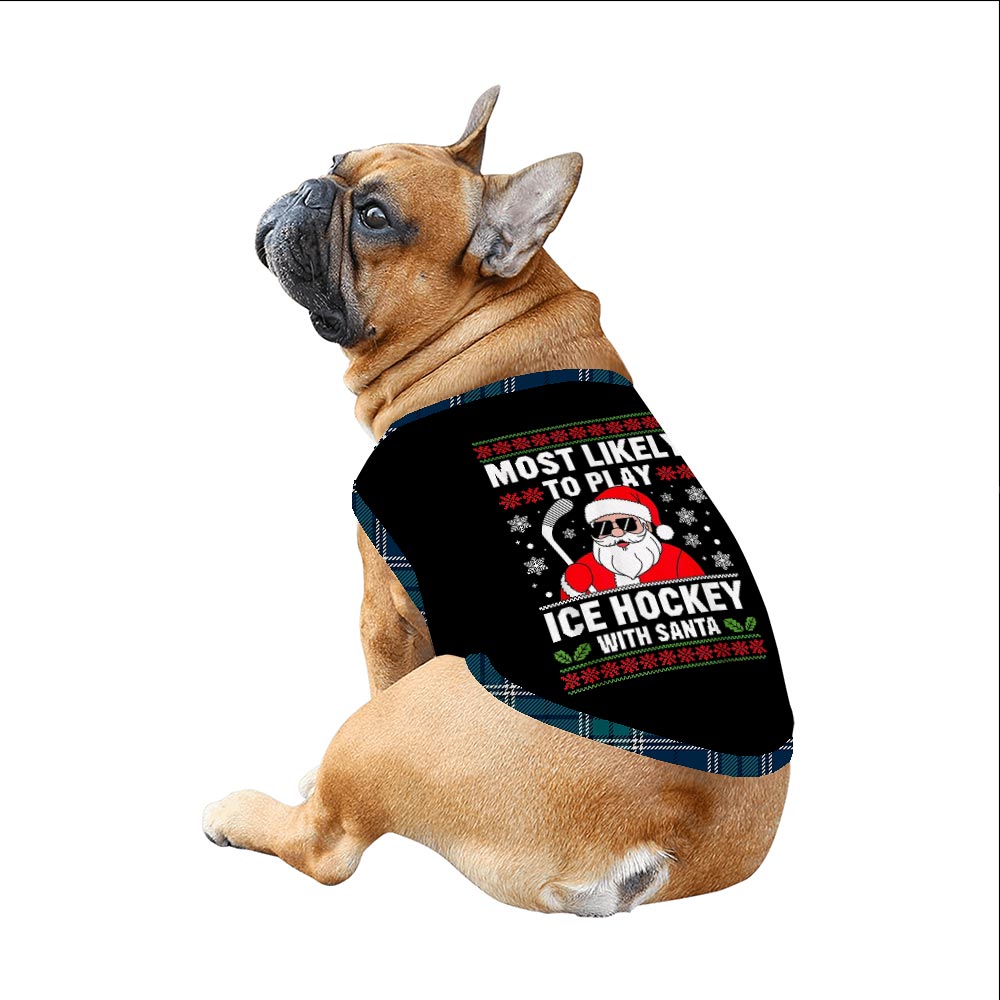 Santa Ice Hockey Family Pajamas With Dog and Navy Plaid Pants Santa Ice Hockey Family Pajamas With Dog and Navy Plaid Pants