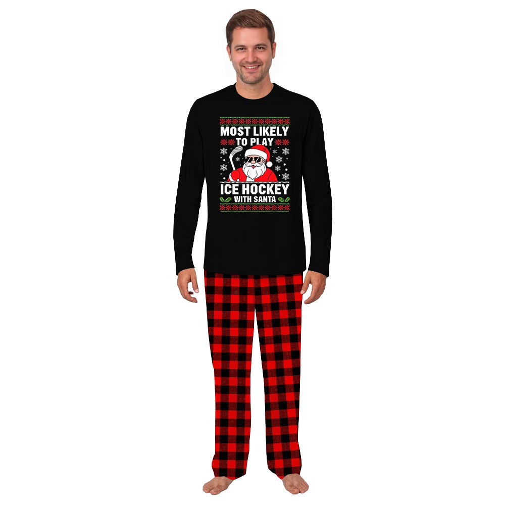 Santa Ice Hockey Pajama Set for the Whole Family with Classic Plaid Pants Santa Ice Hockey Pajama Set for the Whole Family with Classic Plaid Pants