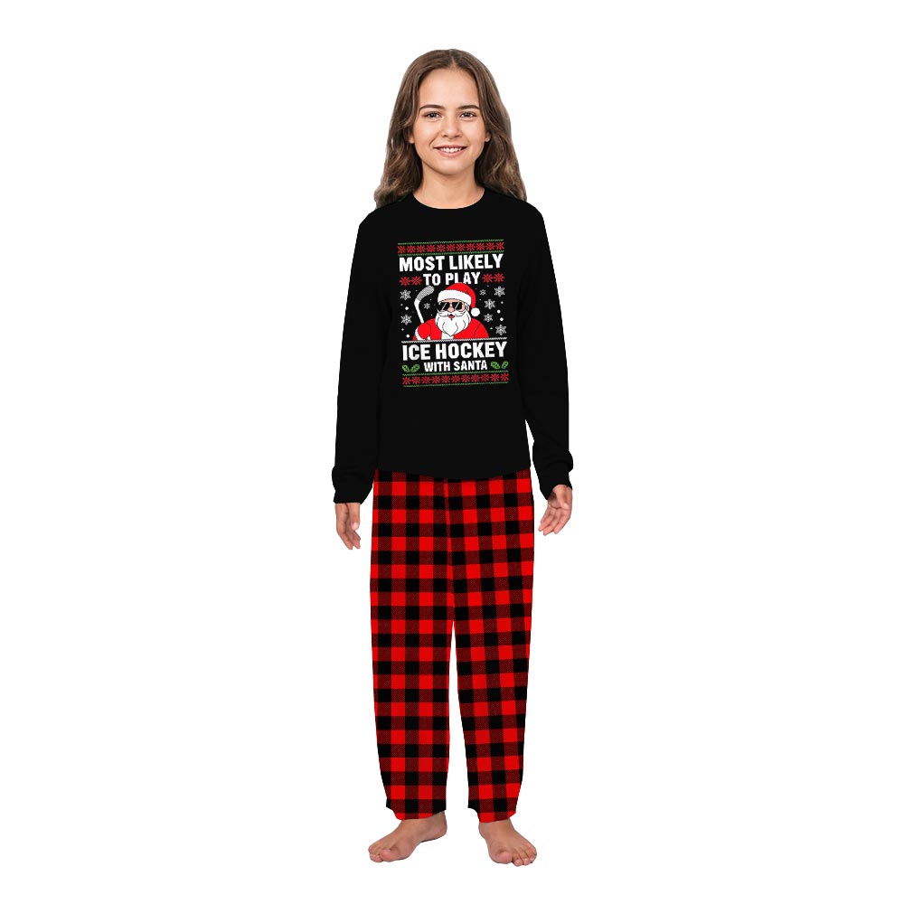 Santa Ice Hockey Pajama Set for the Whole Family with Classic Plaid Pants Santa Ice Hockey Pajama Set for the Whole Family with Classic Plaid Pants