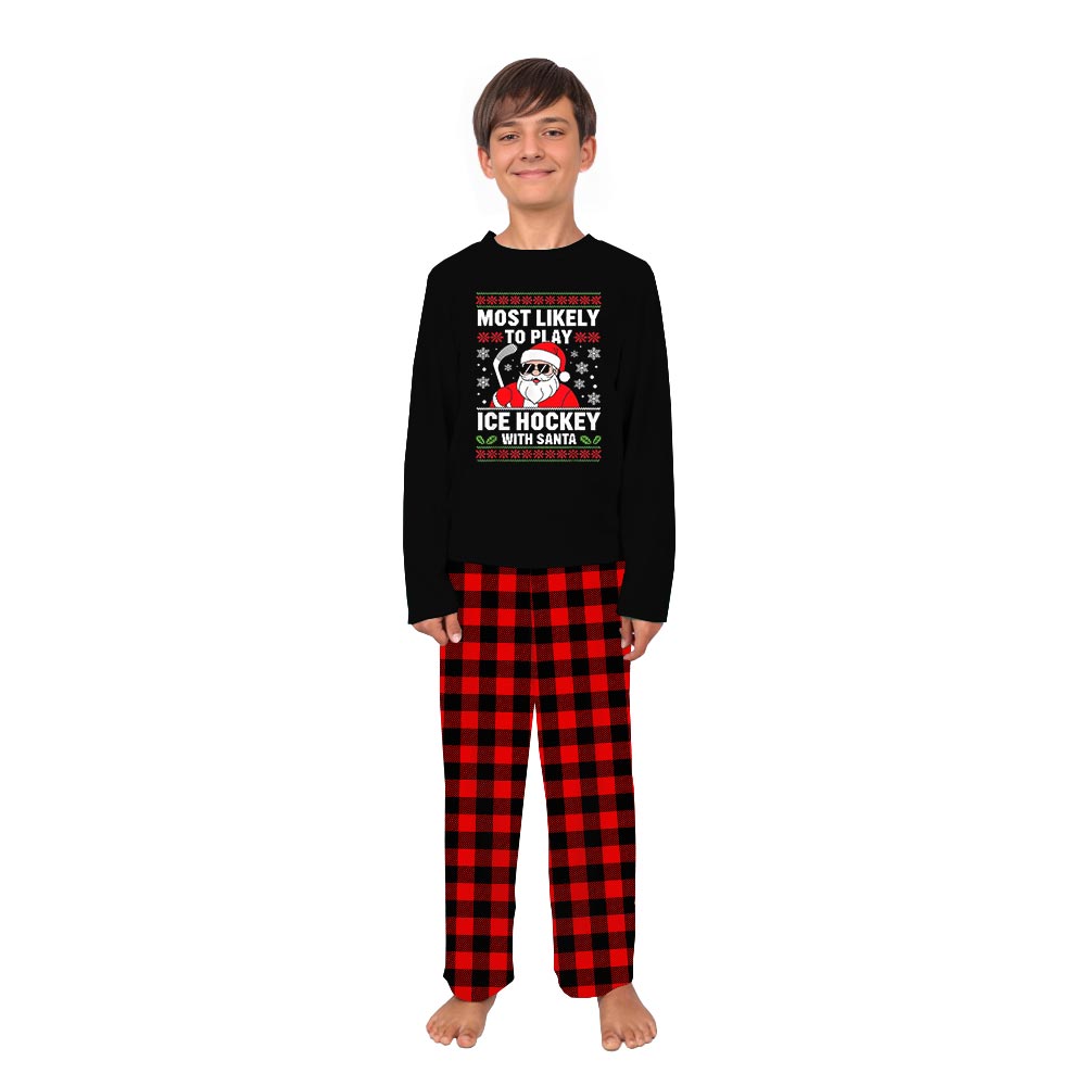 Santa Ice Hockey Pajama Set for the Whole Family with Classic Plaid Pants Santa Ice Hockey Pajama Set for the Whole Family with Classic Plaid Pants