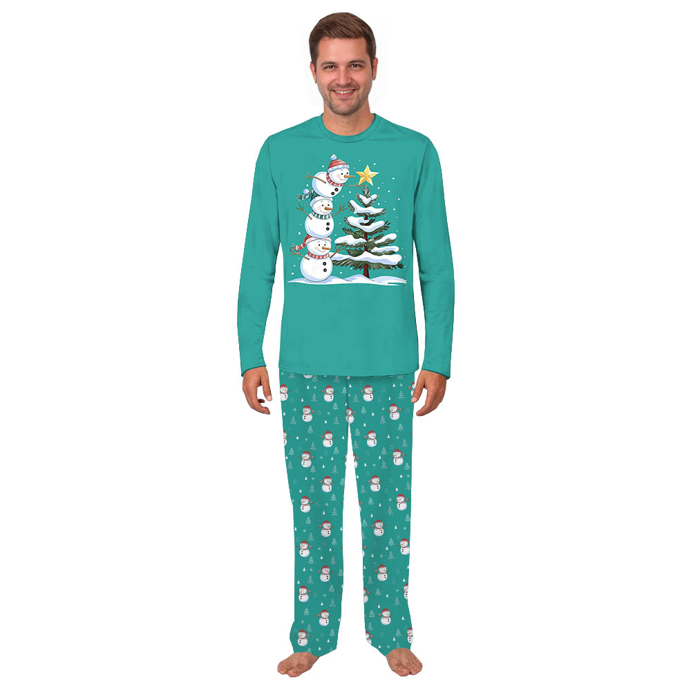 Blue Matching Christmas Tree Pajamas with Snowman Design Blue Matching Christmas Tree Pajamas with Snowman Design