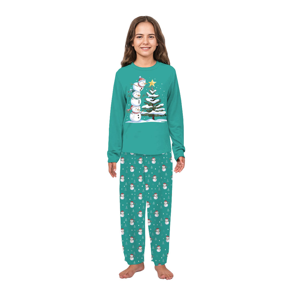 Blue Matching Christmas Tree Pajamas with Snowman Design Blue Matching Christmas Tree Pajamas with Snowman Design