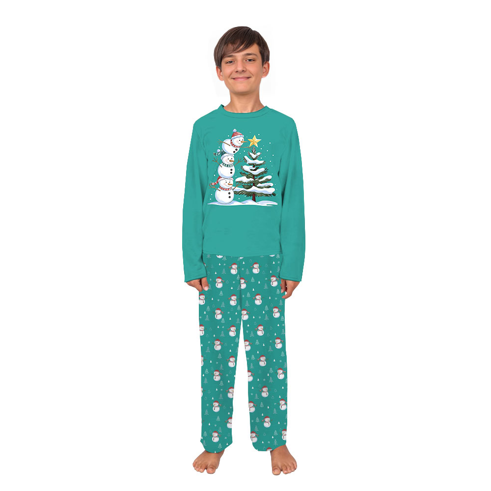 Blue Matching Christmas Tree Pajamas with Snowman Design Blue Matching Christmas Tree Pajamas with Snowman Design