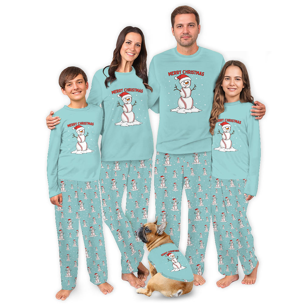 Funny Baseball Snowman Matching Christmas Pajamas Family and Dog Funny Baseball Snowman Matching Christmas Pajamas Family and Dog