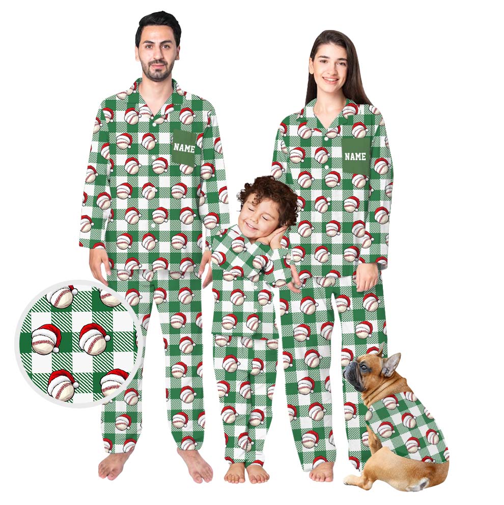 Baseball Santa Green Plaid Family Pajamas With Custom Name Baseball Santa Green Plaid Family Pajamas With Custom Name