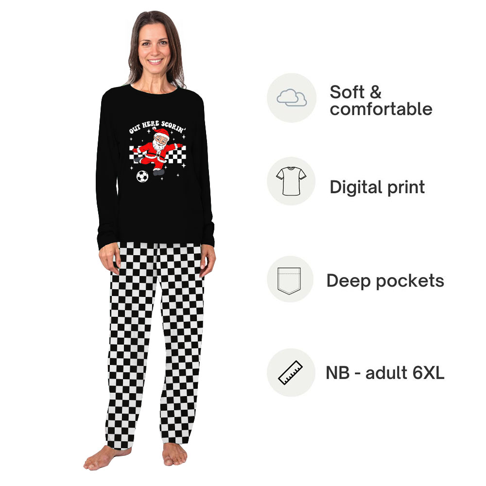 Funny Matching Family Pajamas with Soccer Santa Out Here Scorin’ Funny Matching Family Pajamas with Soccer Santa Out Here Scorin’