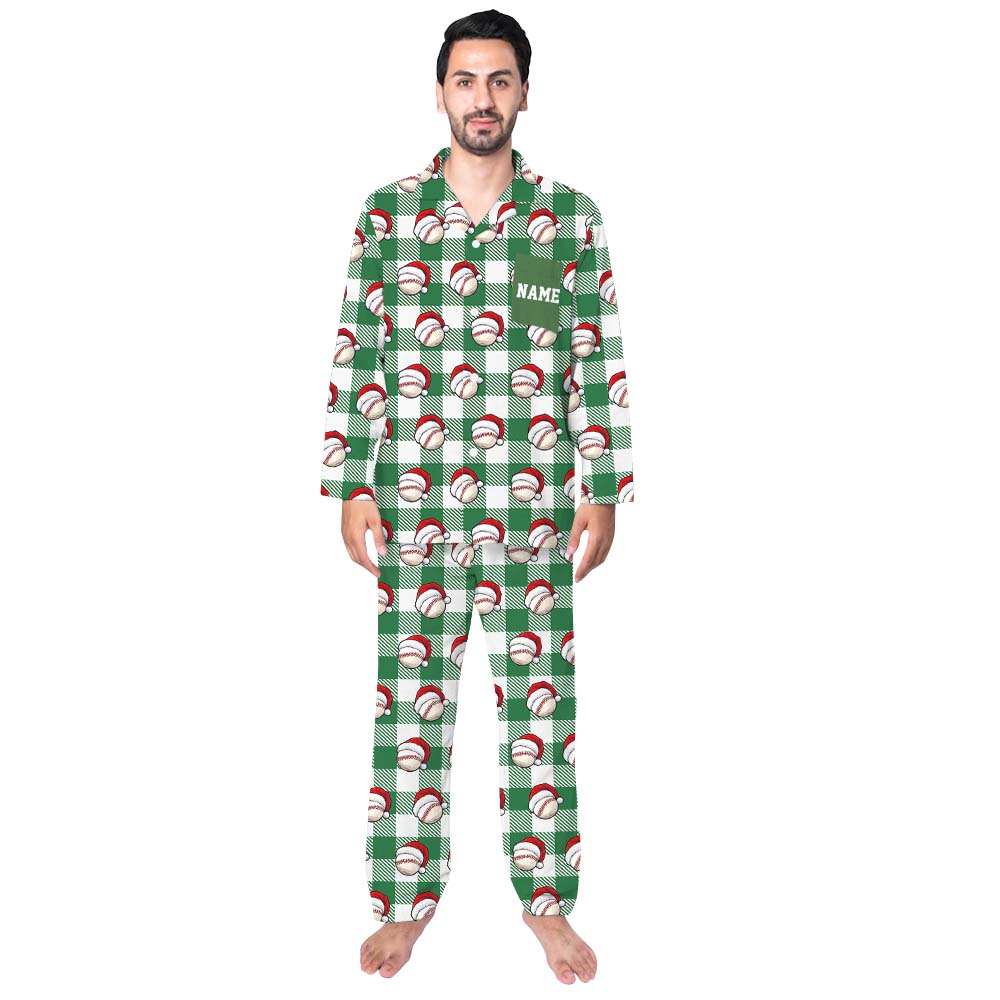 Baseball Santa Green Plaid Family Pajamas With Custom Name Baseball Santa Green Plaid Family Pajamas With Custom Name