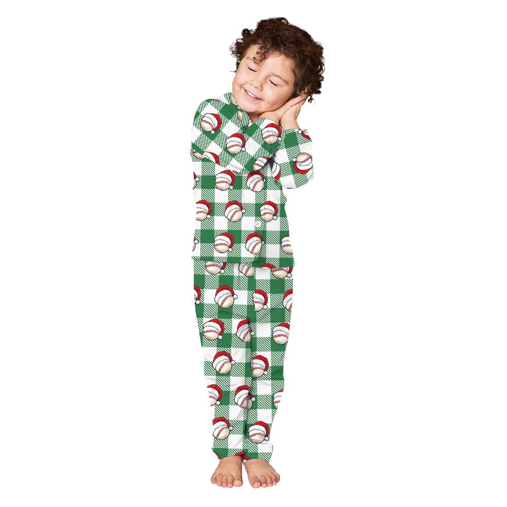 Baseball Santa Green Plaid Family Pajamas With Custom Name Baseball Santa Green Plaid Family Pajamas With Custom Name