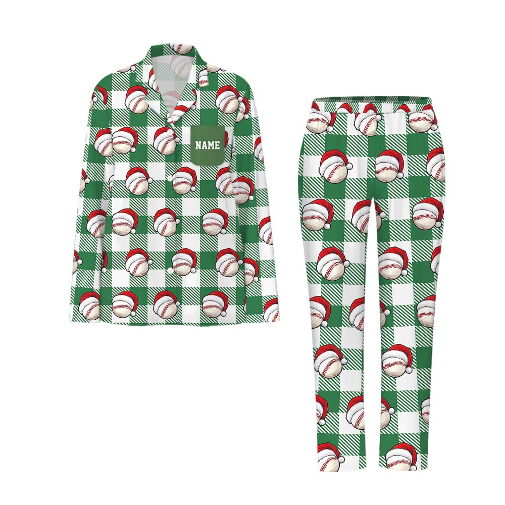 Baseball Santa Green Plaid Family Pajamas With Custom Name Baseball Santa Green Plaid Family Pajamas With Custom Name