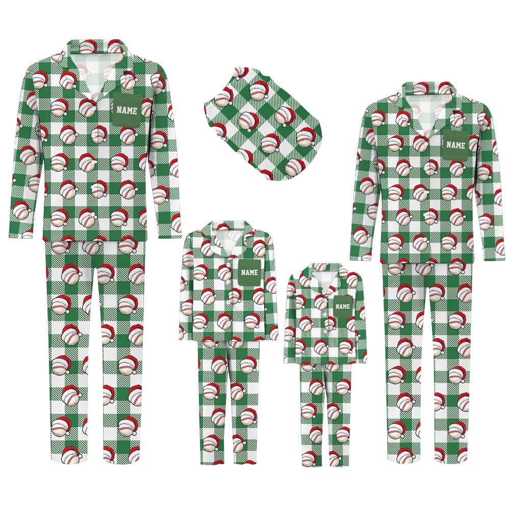 Baseball Santa Green Plaid Family Pajamas With Custom Name Baseball Santa Green Plaid Family Pajamas With Custom Name