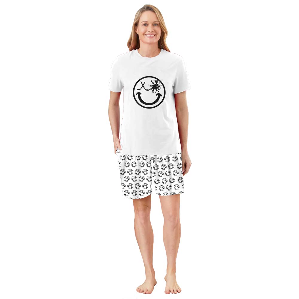 Hockey Smiling Face White Pajama Short Sets Hockey Smiling Face White Pajama Short Sets