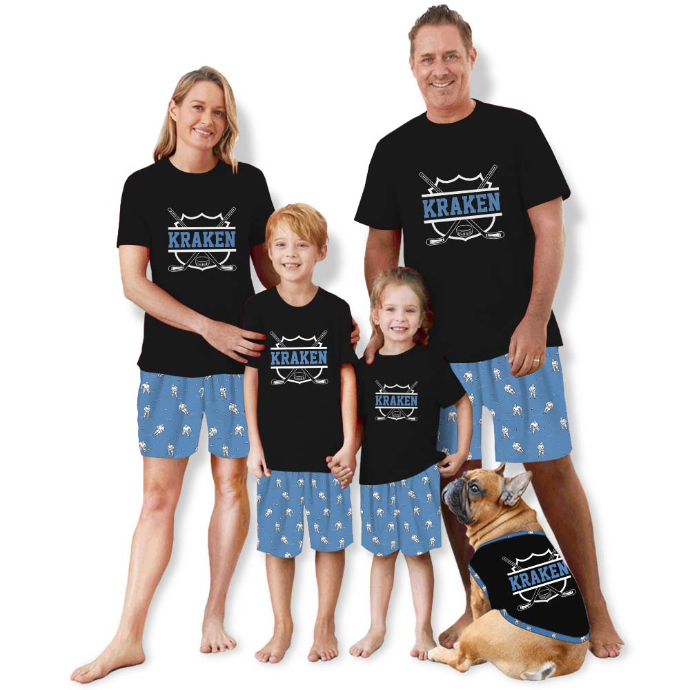 Custom Name Hockey Matching Family Pajamas With Dogs Short Sleeve
