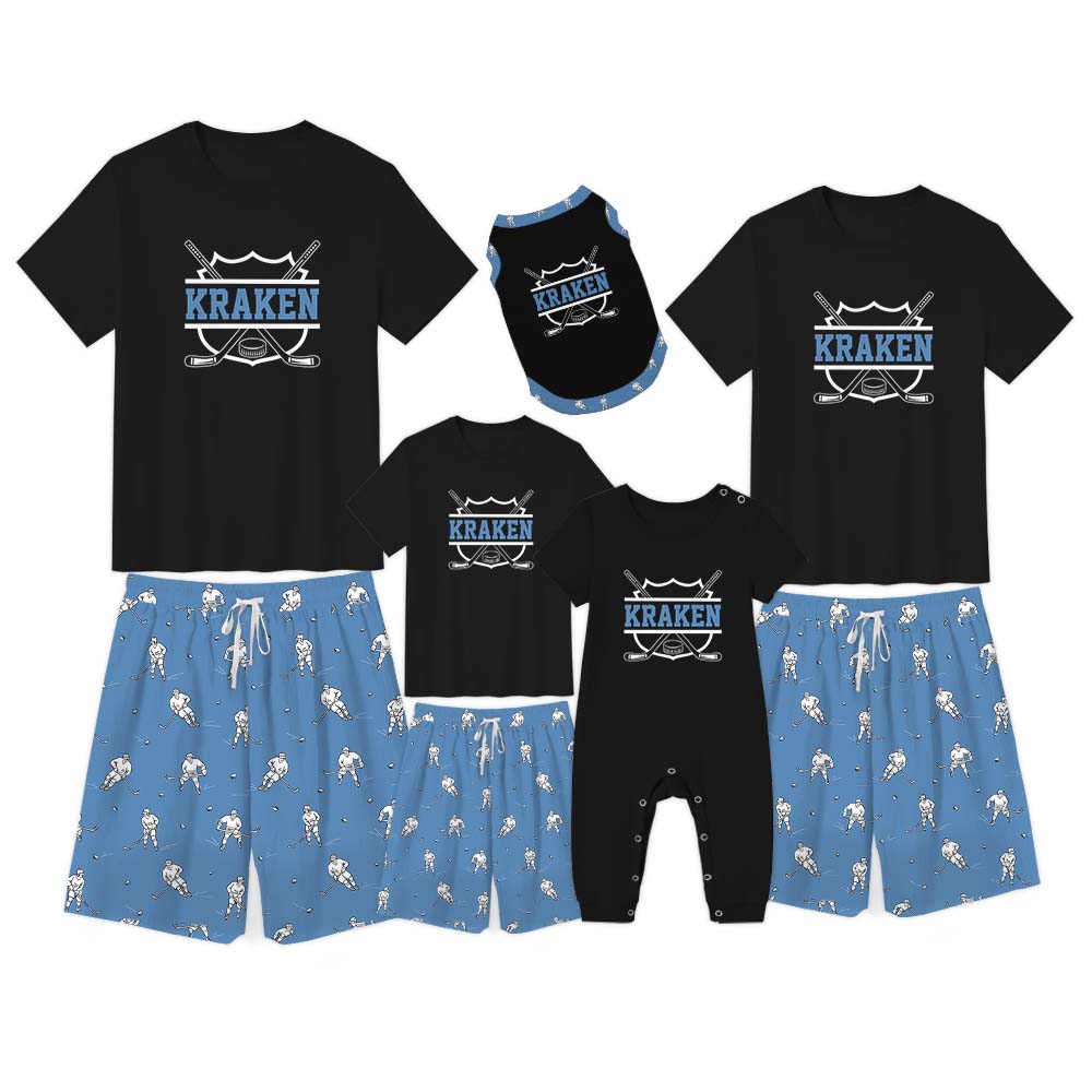 Custom Name Hockey Matching Family Pajamas With Dogs Short Sleeve