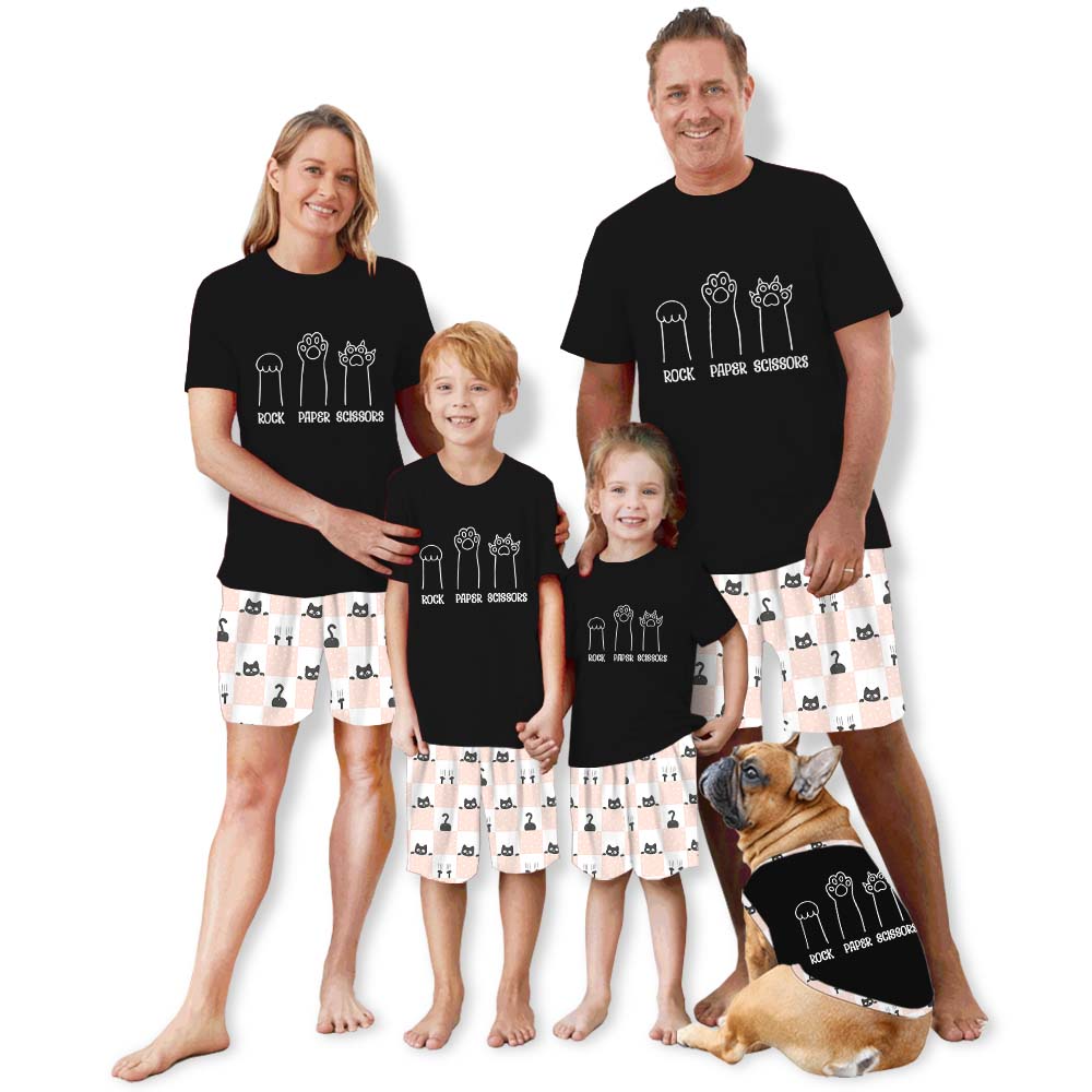 Funny Rock Paper Scissors Cat Pajamas For Adults Short Sleeves