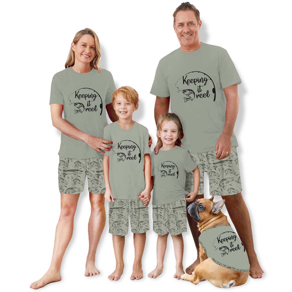 Cute Keeping It Reel Fishing Pajama Shorts Set Green