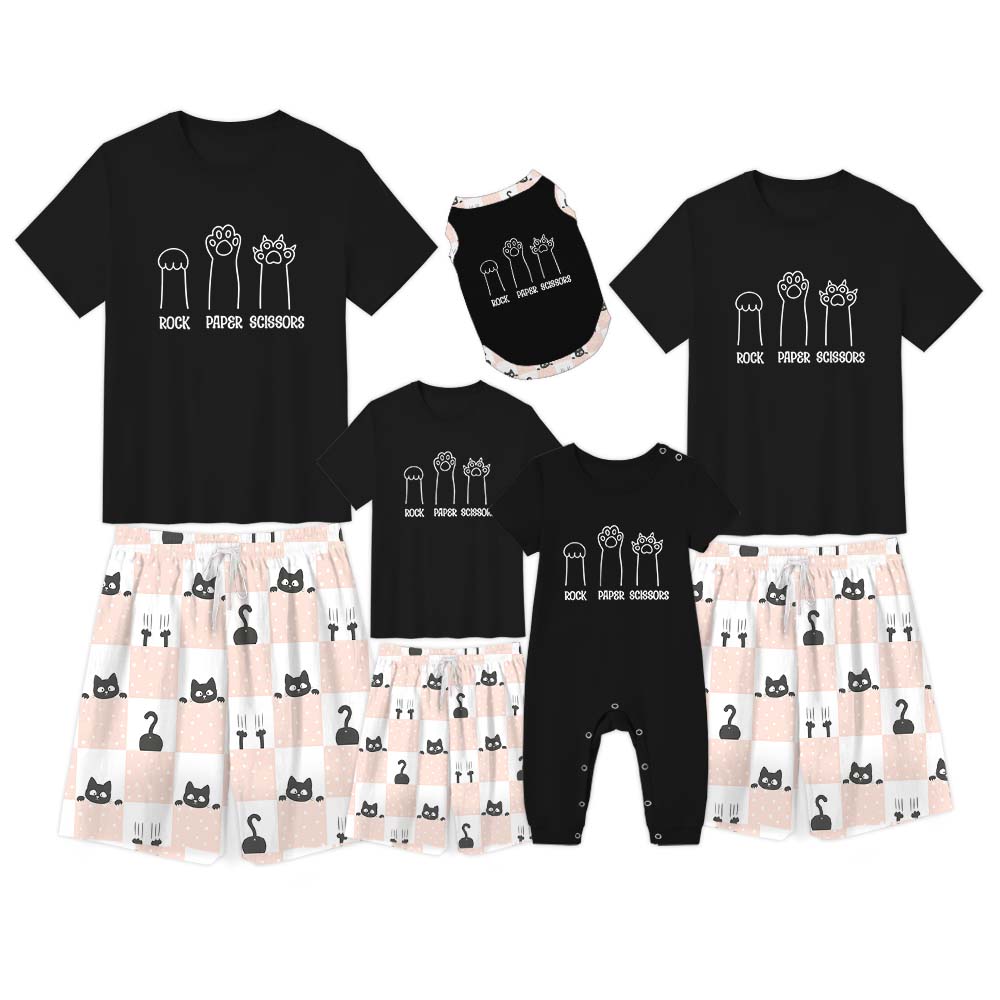 Funny Rock Paper Scissors Cat Pajamas For Adults Short Sleeves