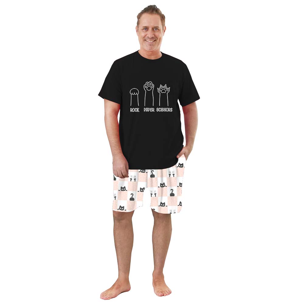 Funny Rock Paper Scissors Cat Pajamas For Adults Short Sleeves