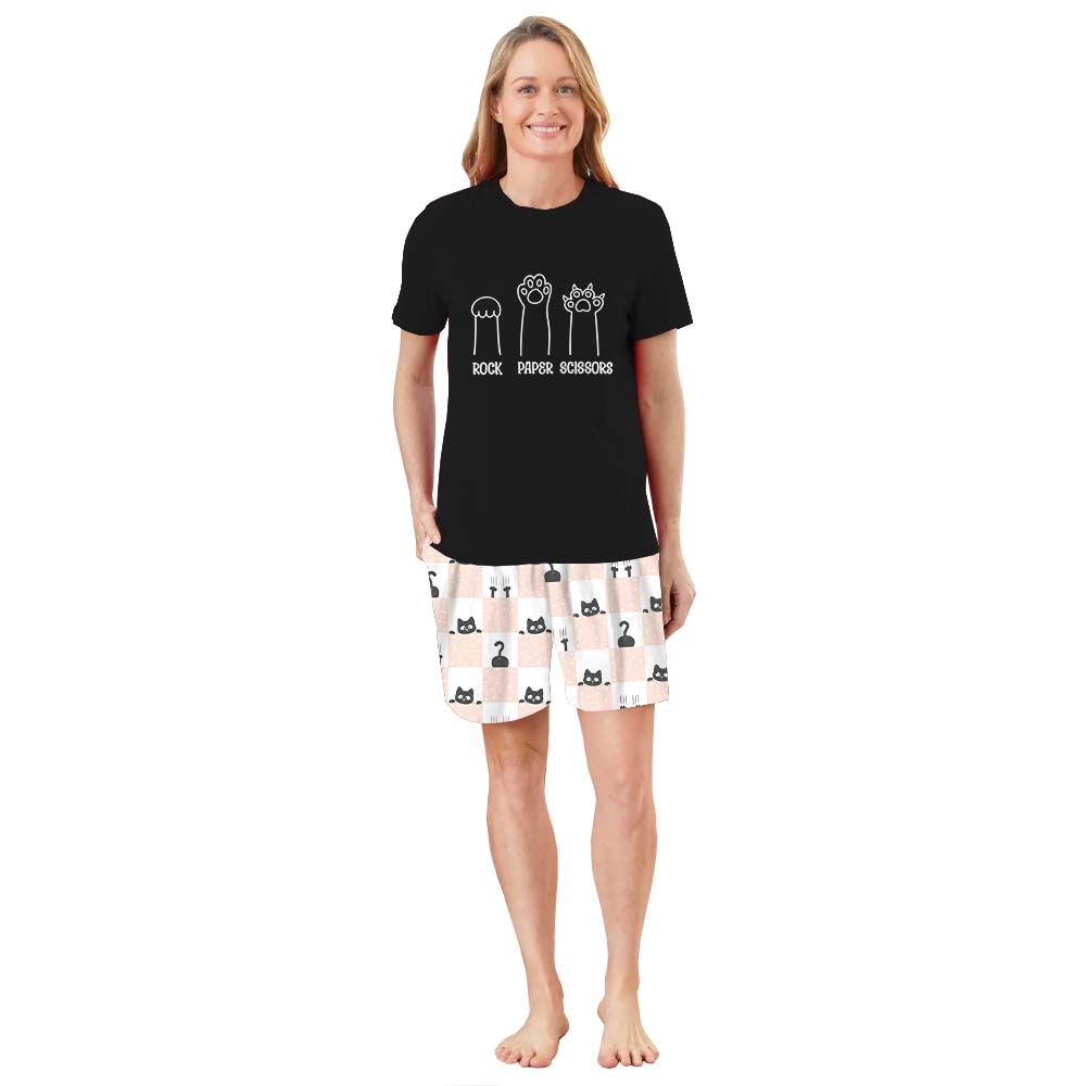 Funny Rock Paper Scissors Cat Pajamas For Adults Short Sleeves