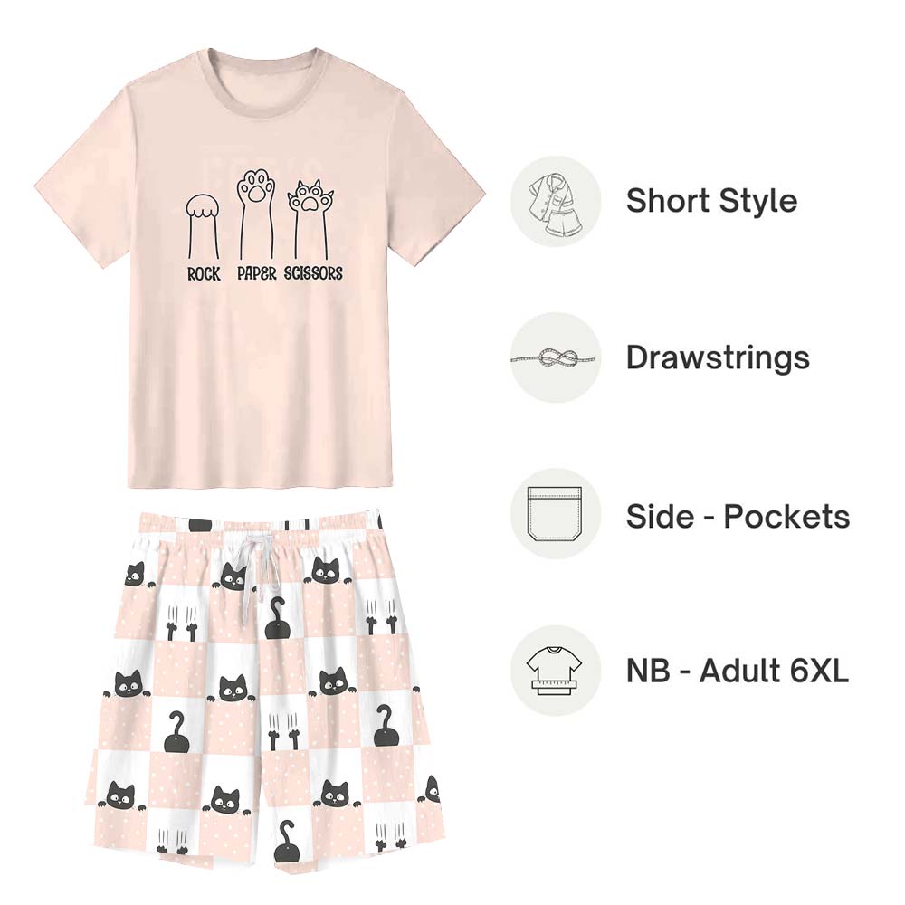 Cute Rock Paper Scissors Cat Pajama Short Set Cute Rock Paper Scissors Cat Pajama Short Set