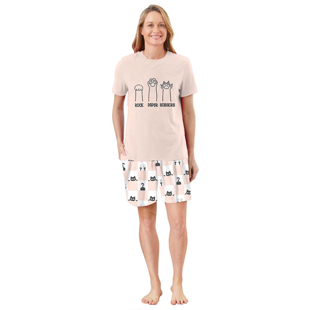 Cute Rock Paper Scissors Cat Pajama Short Set Cute Rock Paper Scissors Cat Pajama Short Set