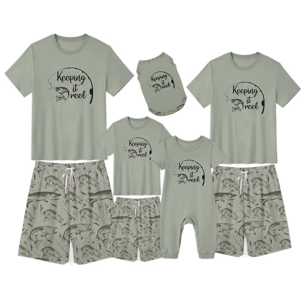 Cute Keeping It Reel Fishing Pajama Shorts Set Green