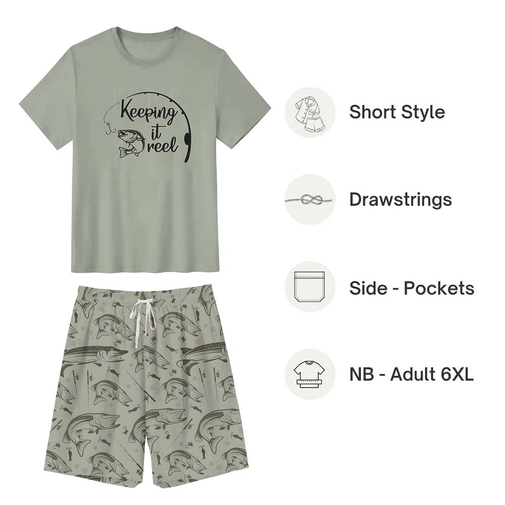 Cute Keeping It Reel Fishing Pajama Shorts Set Green