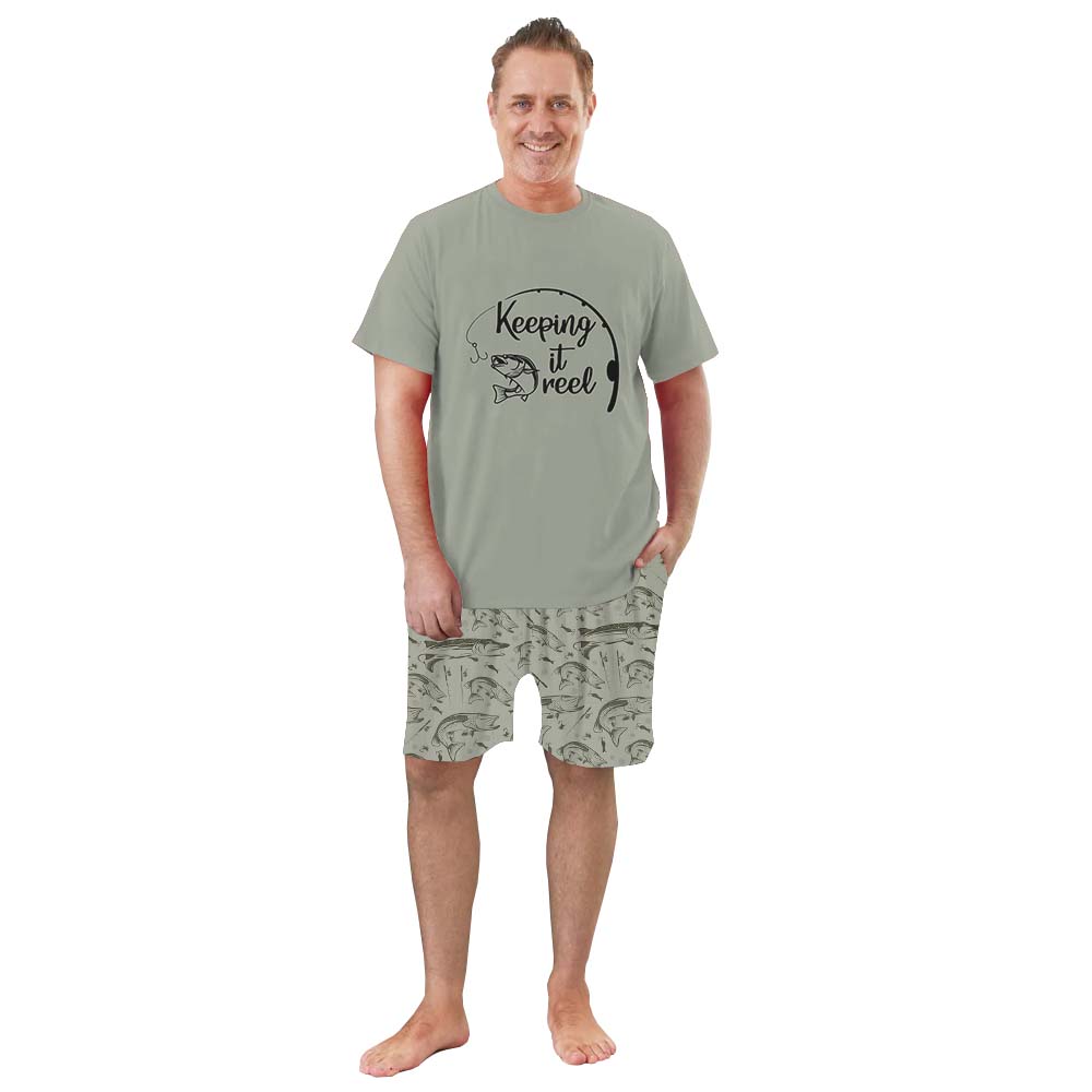 Cute Keeping It Reel Fishing Pajama Shorts Set Green