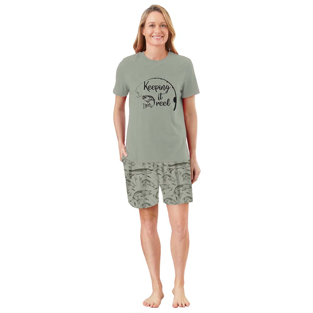 Cute Keeping It Reel Fishing Pajama Shorts Set Green