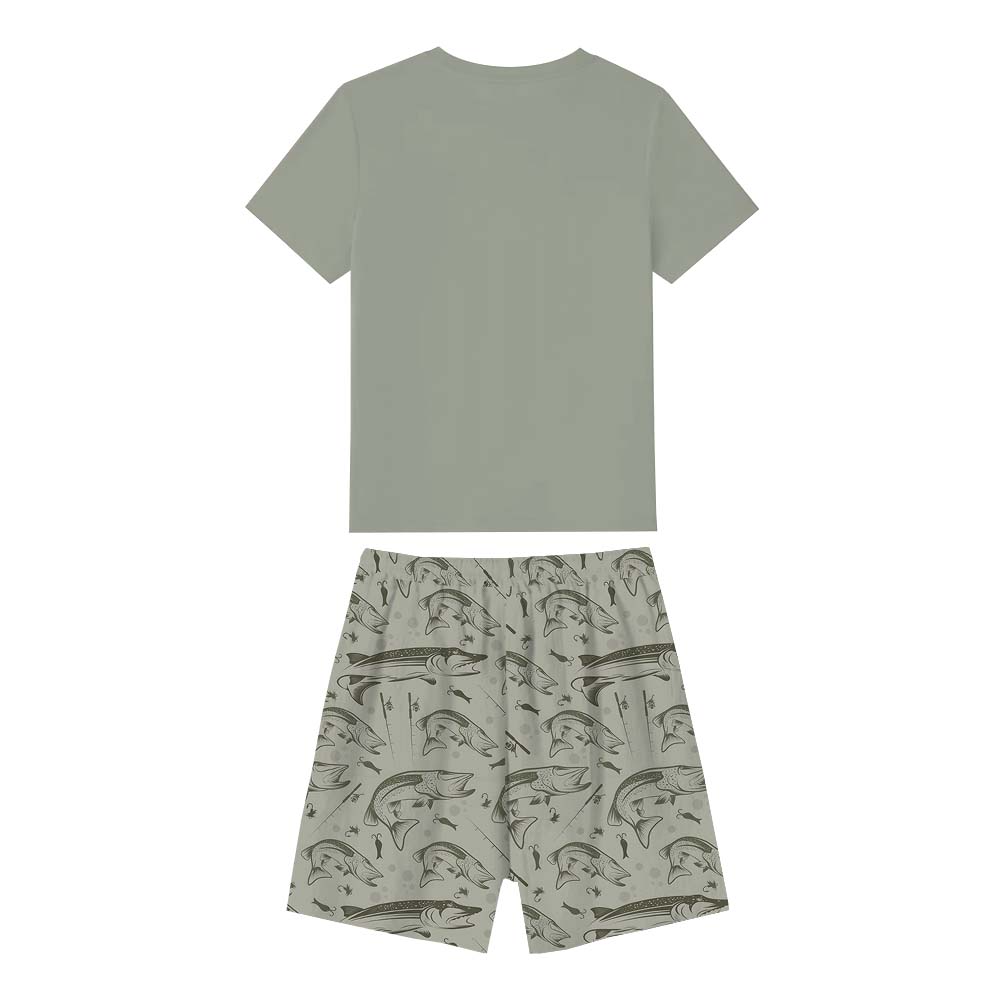 Cute Keeping It Reel Fishing Pajama Shorts Set Green