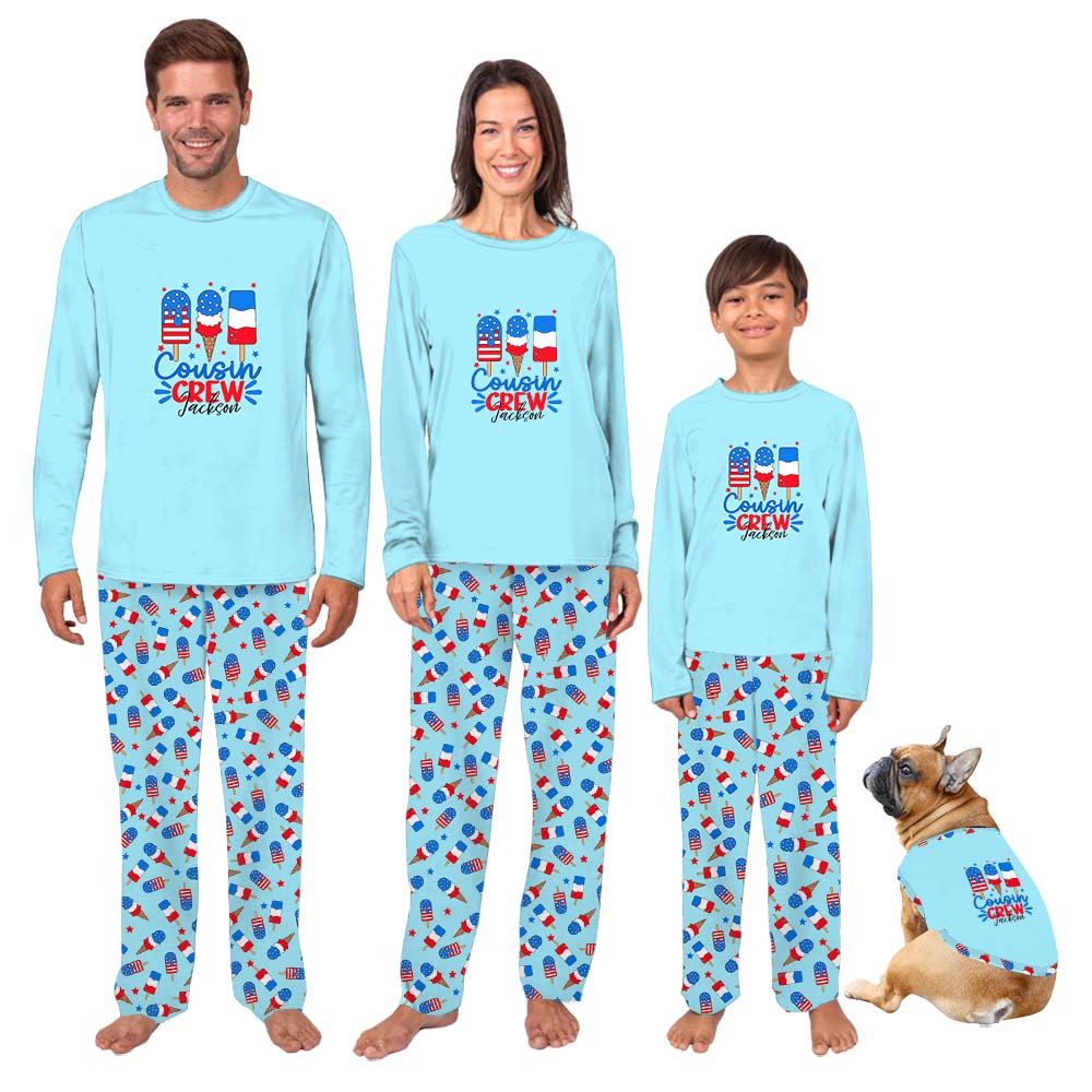 Ice Cream Cousin Crew Custom Name Family 4th of July Pajamas Including Dog