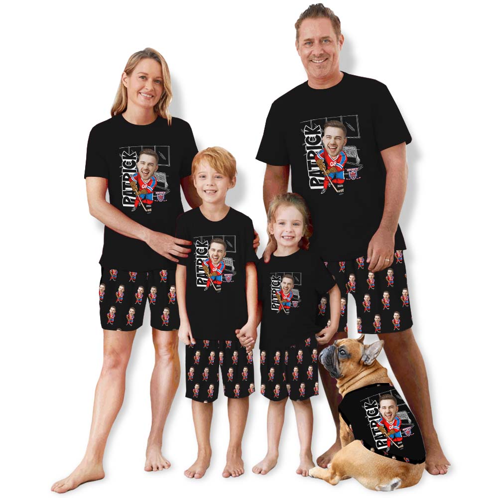 Cute Custom Face Ice Hockey Sport Pajamas With Dog Short Sleeves Cute Custom Face Ice Hockey Sport Pajamas With Dog Short Sleeves