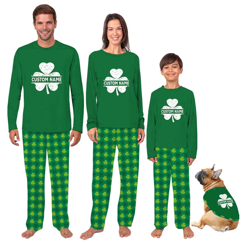 Personalized Shamrock With Name Matching Family Pajamas With Dogs