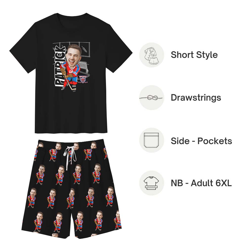 Cute Custom Face Ice Hockey Sport Pajamas With Dog Short Sleeves Cute Custom Face Ice Hockey Sport Pajamas With Dog Short Sleeves
