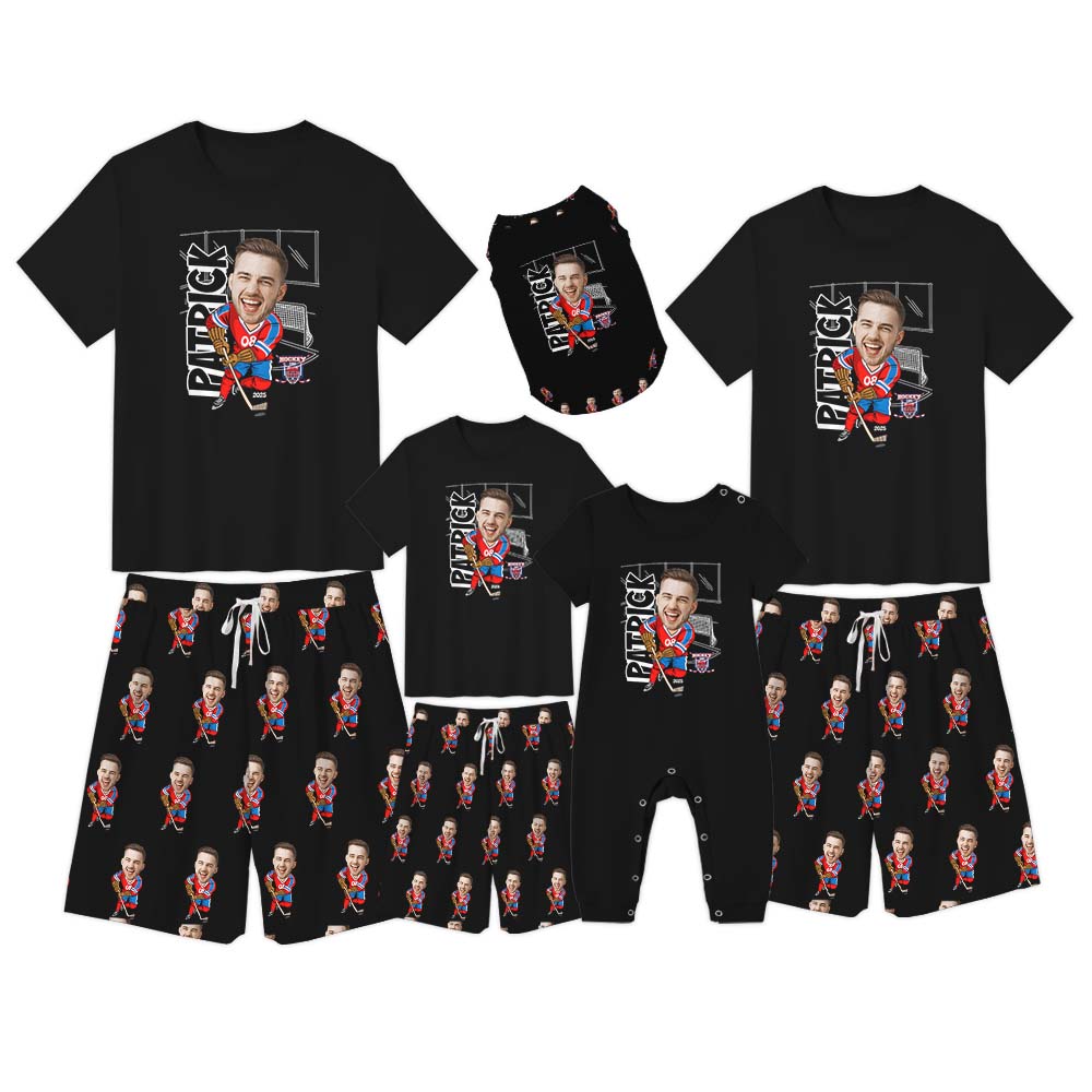 Cute Custom Face Ice Hockey Sport Pajamas With Dog Short Sleeves Cute Custom Face Ice Hockey Sport Pajamas With Dog Short Sleeves