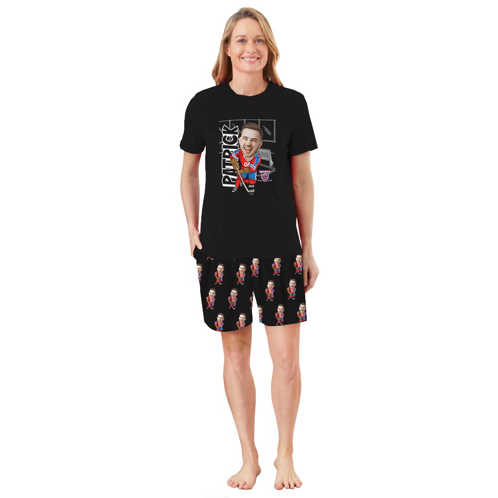 Cute Custom Face Ice Hockey Sport Pajamas With Dog Short Sleeves Cute Custom Face Ice Hockey Sport Pajamas With Dog Short Sleeves