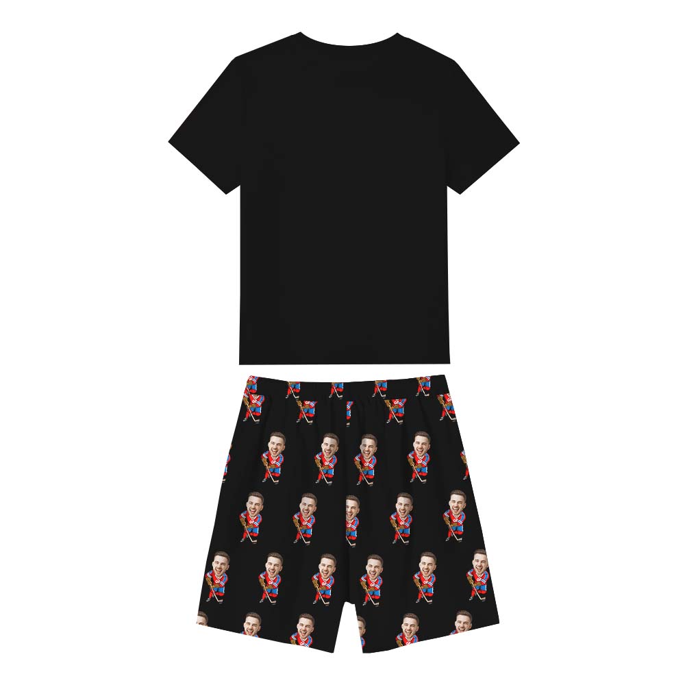 Cute Custom Face Ice Hockey Sport Pajamas With Dog Short Sleeves Cute Custom Face Ice Hockey Sport Pajamas With Dog Short Sleeves