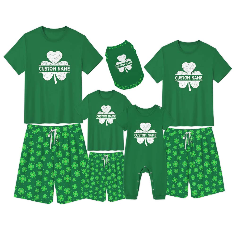 Custom Name Shamrock Pajamas For Adults Short Sleeves Green Custom Name Shamrock Pajamas For Adults Short Sleeves Green