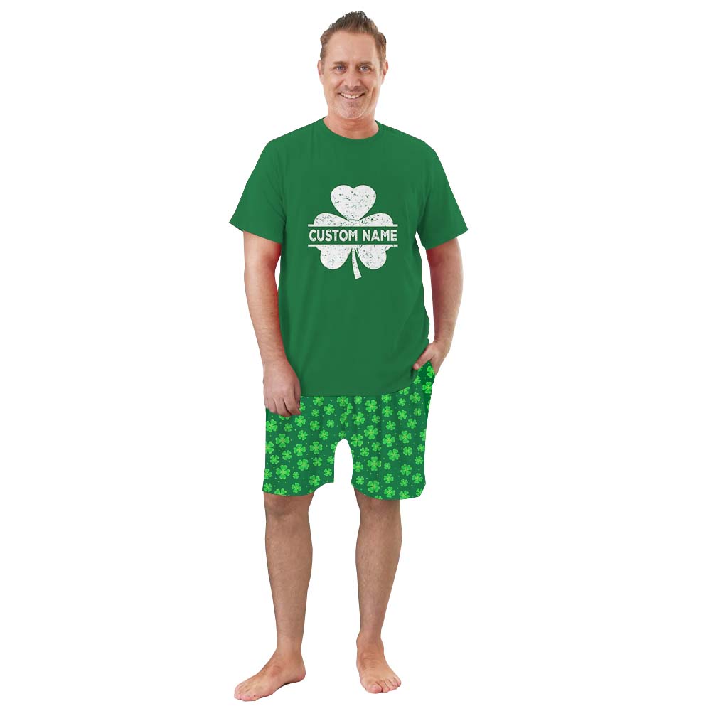 Custom Name Shamrock Pajamas For Adults Short Sleeves Green Custom Name Shamrock Pajamas For Adults Short Sleeves Green