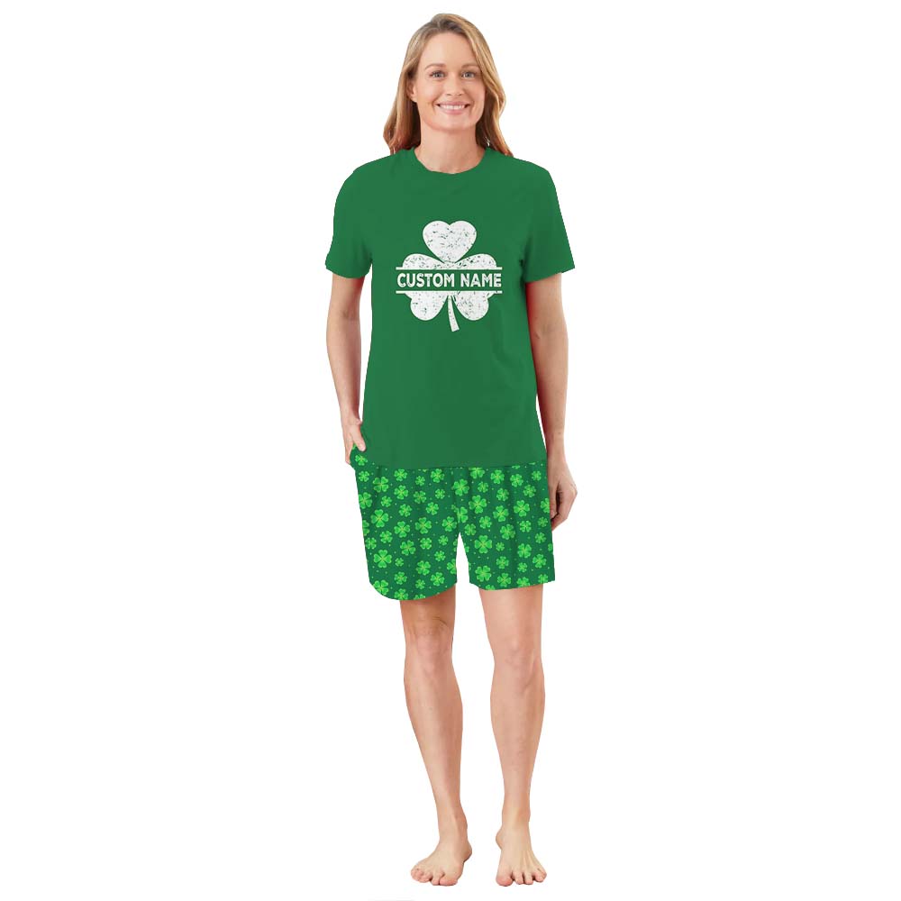 Custom Name Shamrock Pajamas For Adults Short Sleeves Green Custom Name Shamrock Pajamas For Adults Short Sleeves Green