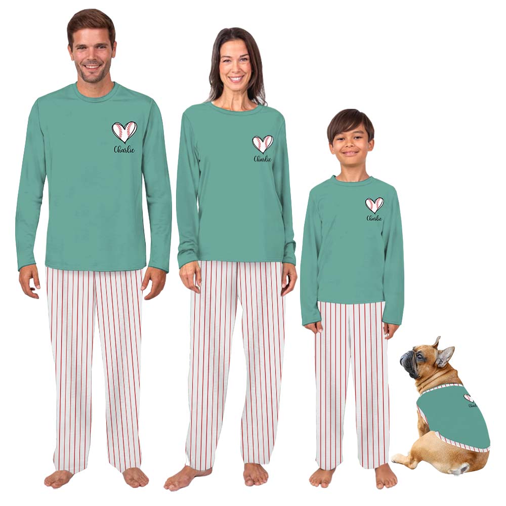 Custom Name Baseball Heart Matching Family Pajamas With Dogs Custom Name Baseball Heart Matching Family Pajamas With Dogs