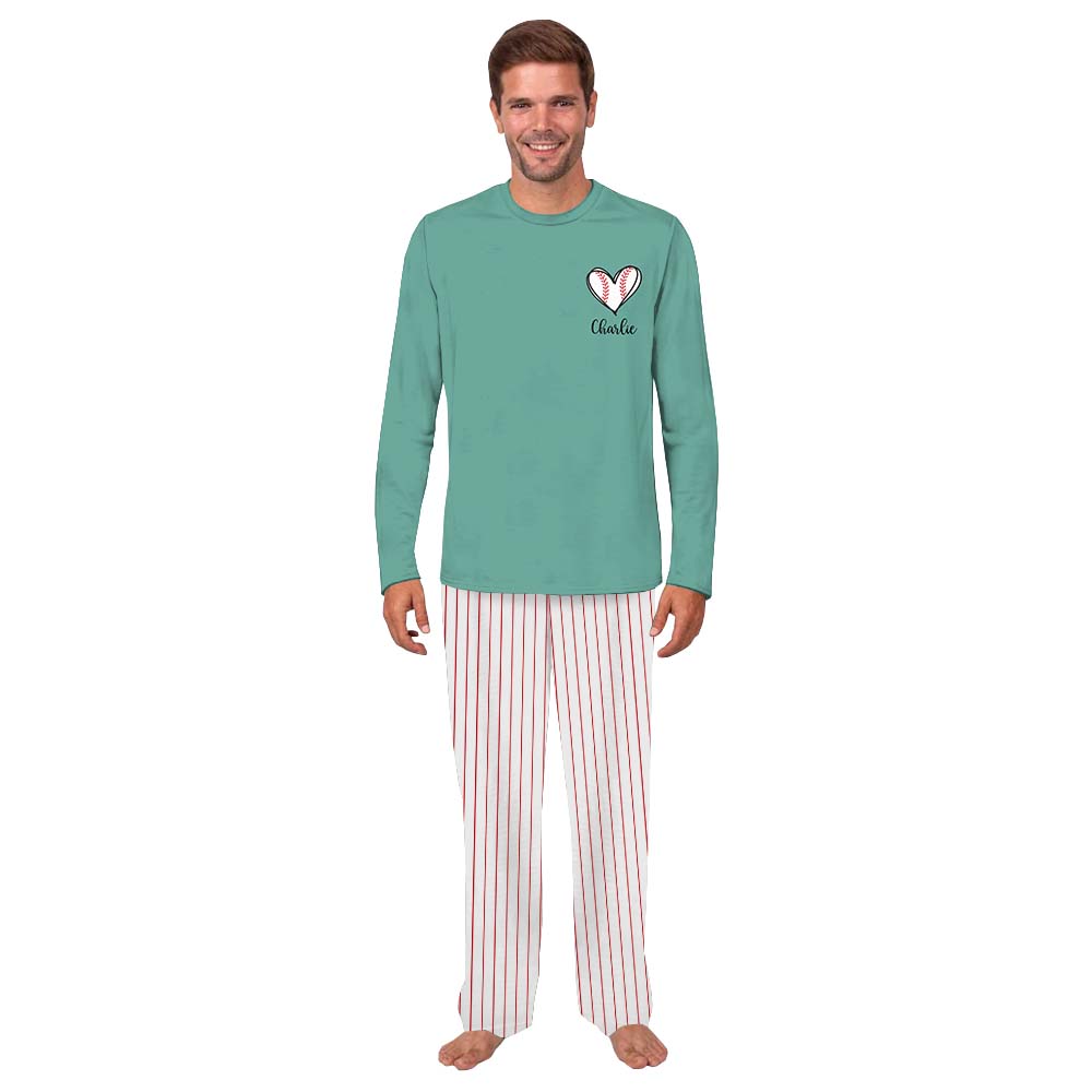 Custom Name Baseball Heart Matching Family Pajamas With Dogs Custom Name Baseball Heart Matching Family Pajamas With Dogs