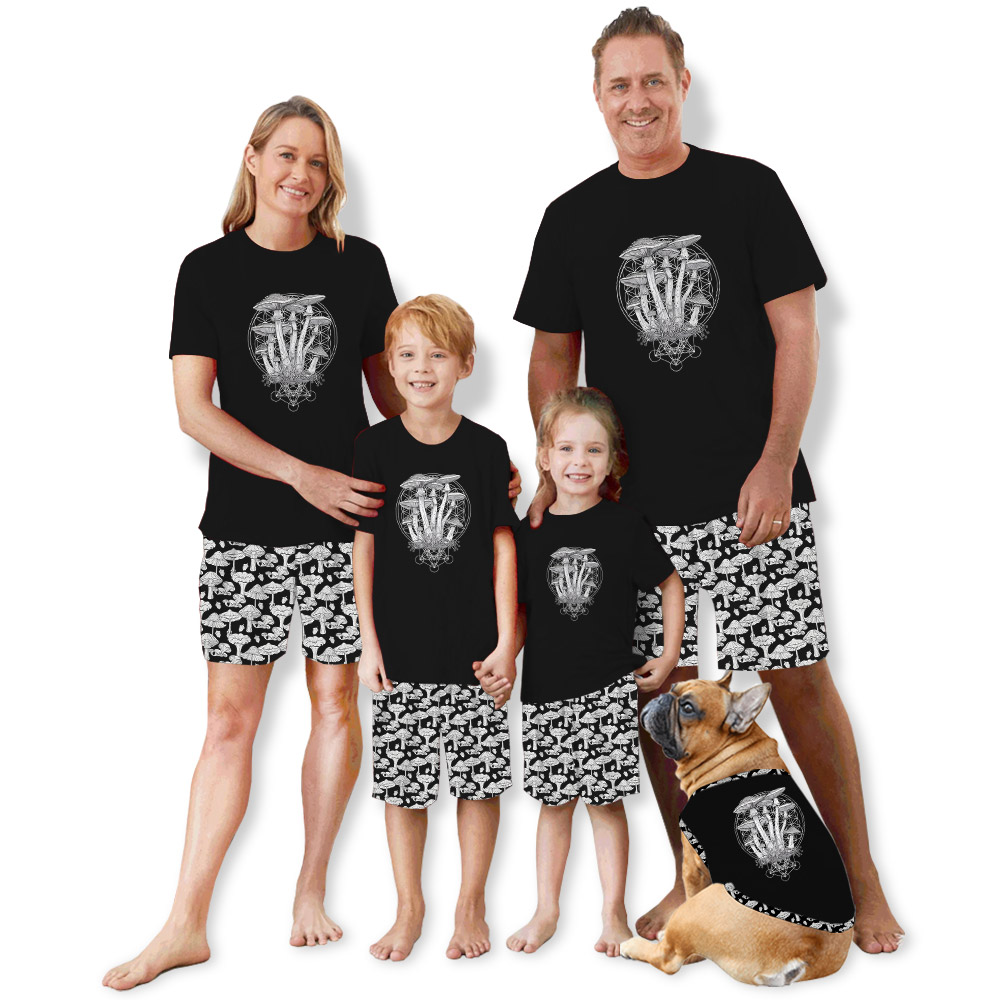Mushroom Theme PJ Sets For Men Women Black Mushroom Theme PJ Sets For Men Women Black