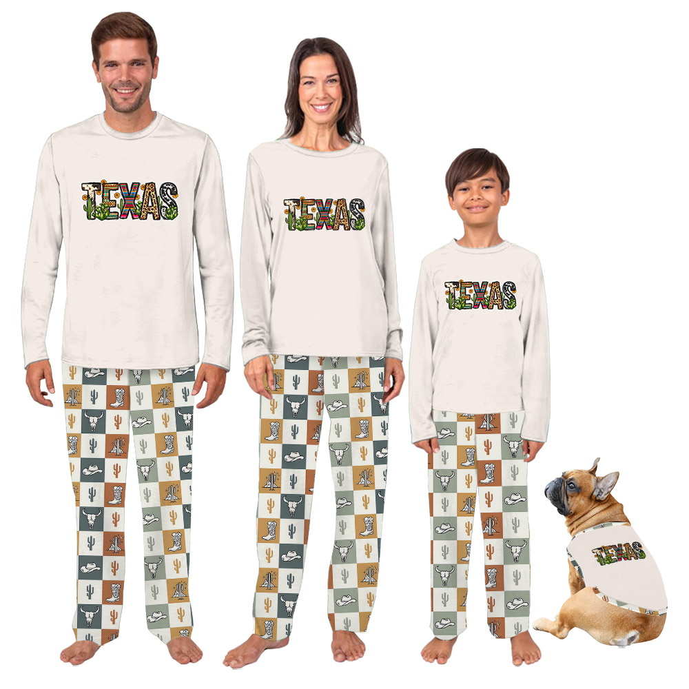 Texas Themed Pajama Sets Plaid Beige Texas Themed Pajama Sets Plaid Beige