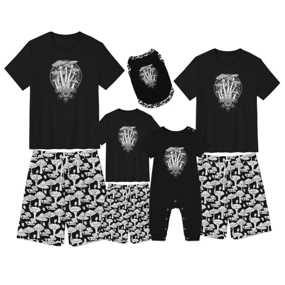 Mushroom Theme PJ Sets For Men Women Black Mushroom Theme PJ Sets For Men Women Black