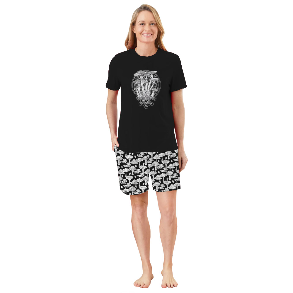 Mushroom Theme PJ Sets For Men Women Black Mushroom Theme PJ Sets For Men Women Black