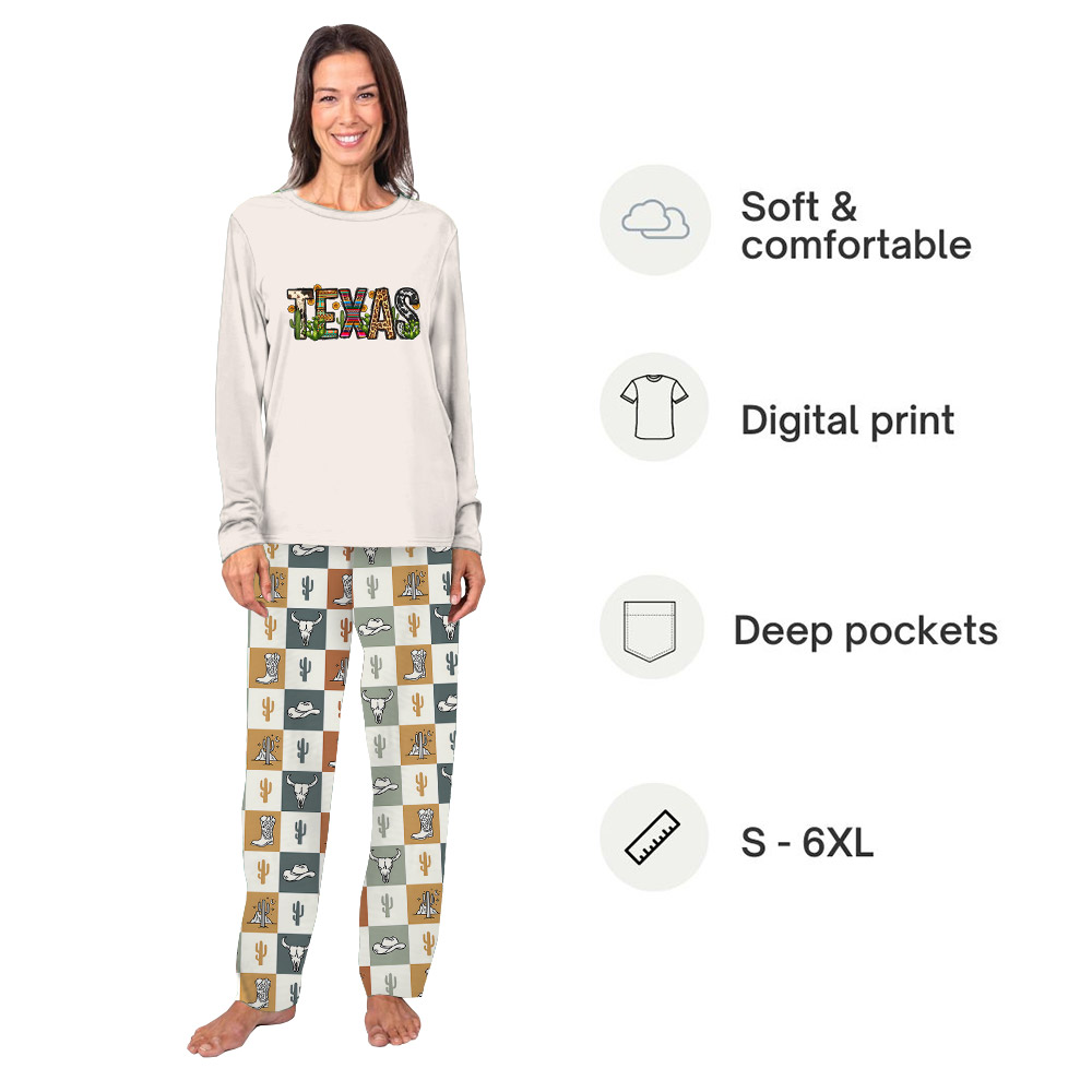 Texas Themed Pajama Sets Plaid Beige Texas Themed Pajama Sets Plaid Beige