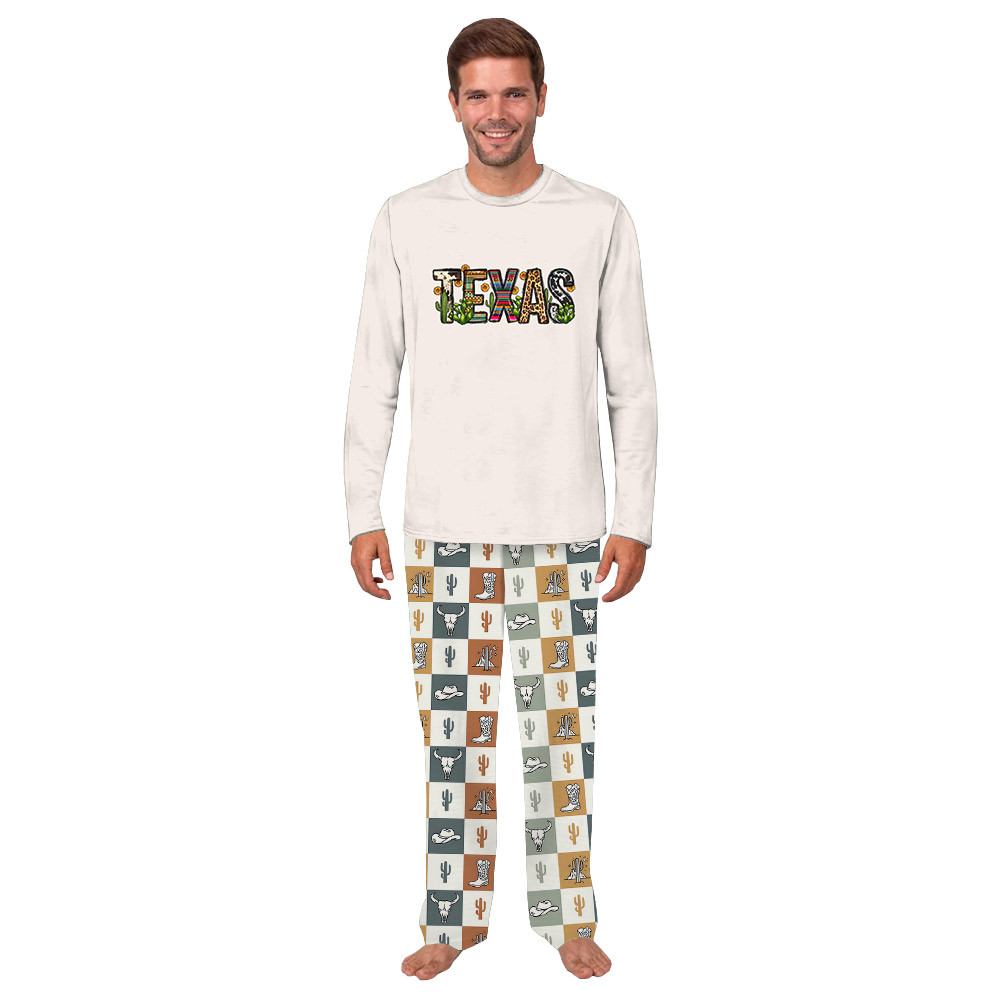 Texas Themed Pajama Sets Plaid Beige Texas Themed Pajama Sets Plaid Beige