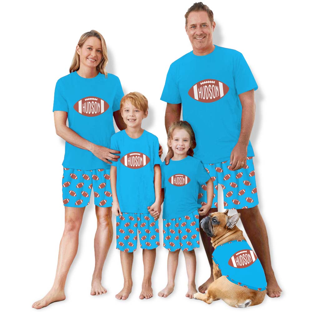 Customized Football Jammies Matching Short Sleeves Blue Customized Football Jammies Matching Short Sleeves Blue