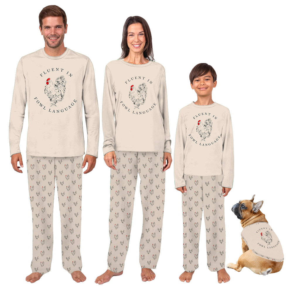 Chicken Print On Pajama Sets Saying Fluent In Fowl Language Beige Chicken Print On Pajama Sets Saying Fluent In Fowl Language Beige