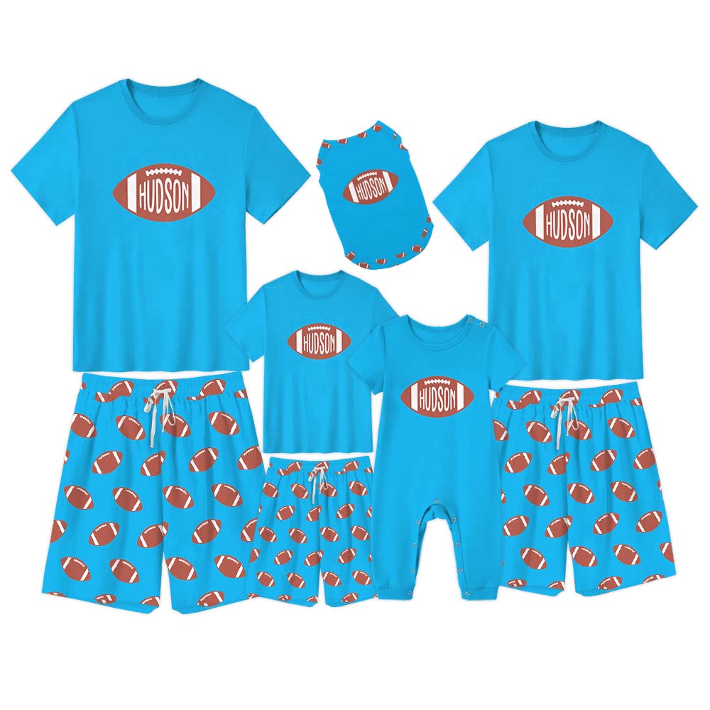 Customized Football Jammies Matching Short Sleeves Blue Customized Football Jammies Matching Short Sleeves Blue